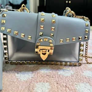 Studded purse clutch transparent bag chain pouch baby blue pleather